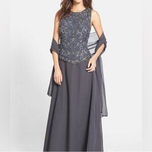 JKARA Elegant Charcoal Color Sleeveless Evening Gown